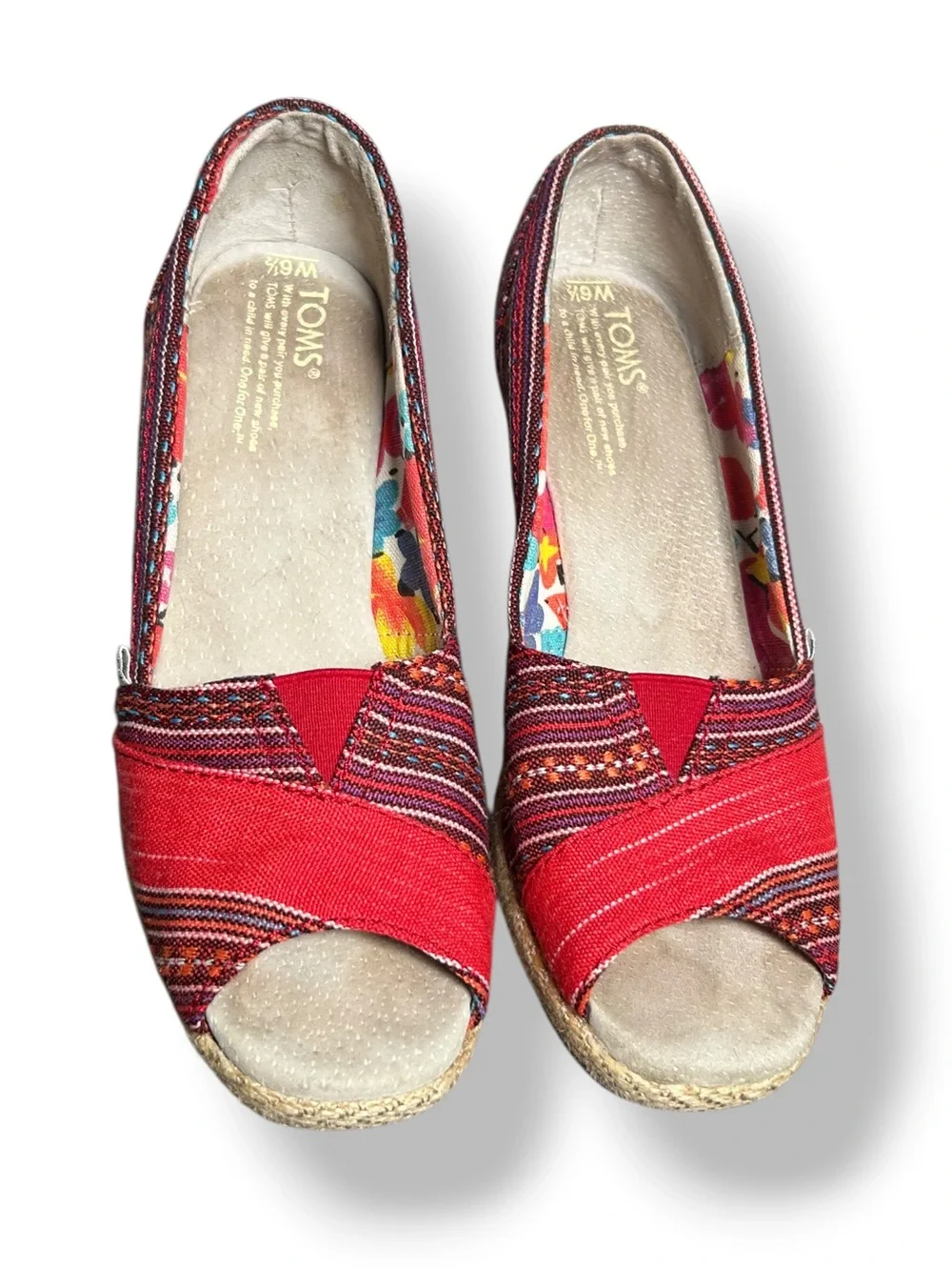 TOMS Lina Aztec Southwestern Peep Toe Espadrille Wedge Shoes 6.5